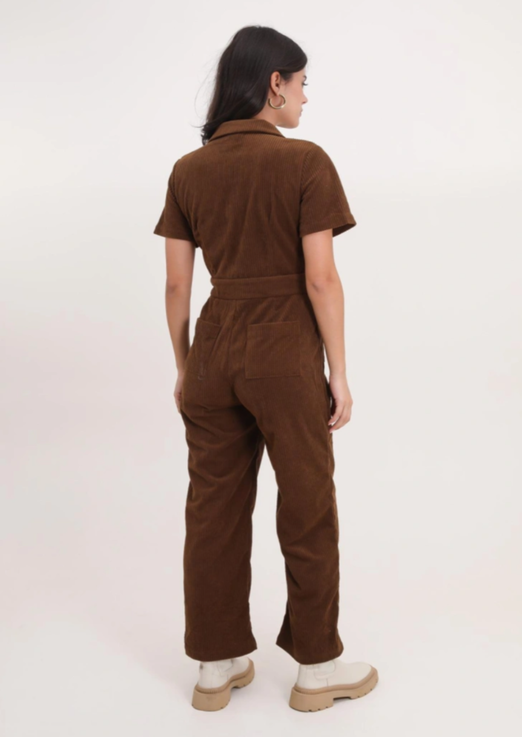Short Sleeve Corduroy Zipped Jumpsuit