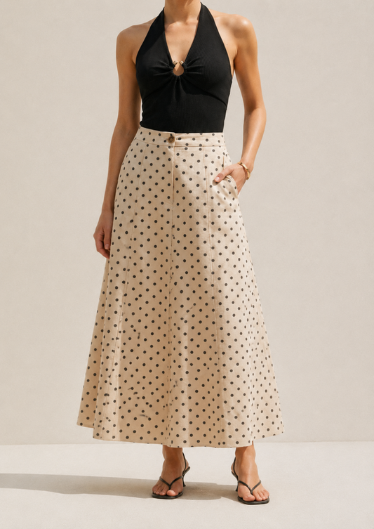 Polka Dot Linen Flared Maxi Skirt