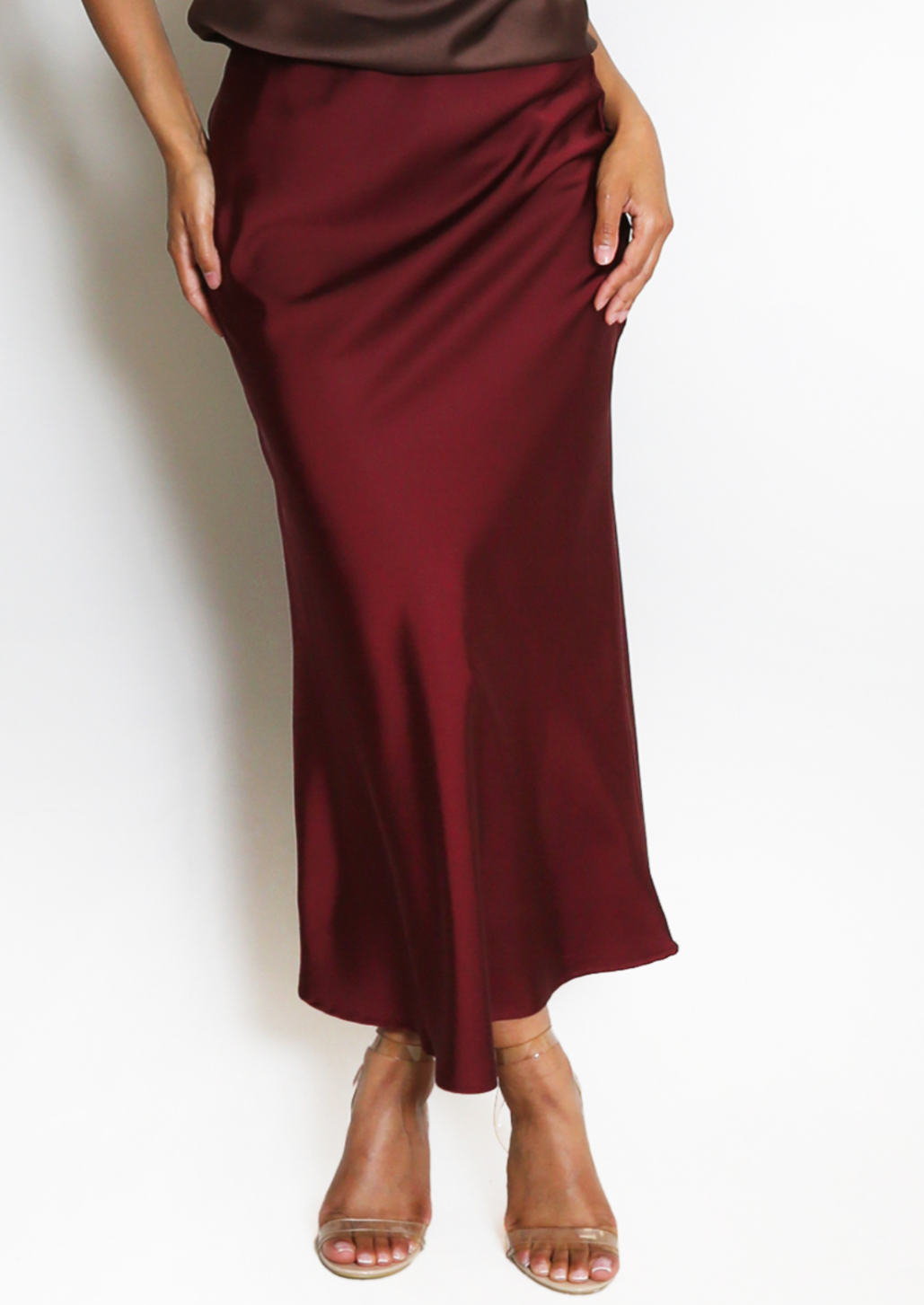 Burgundy Satin Bias Cut Maxi Skirt