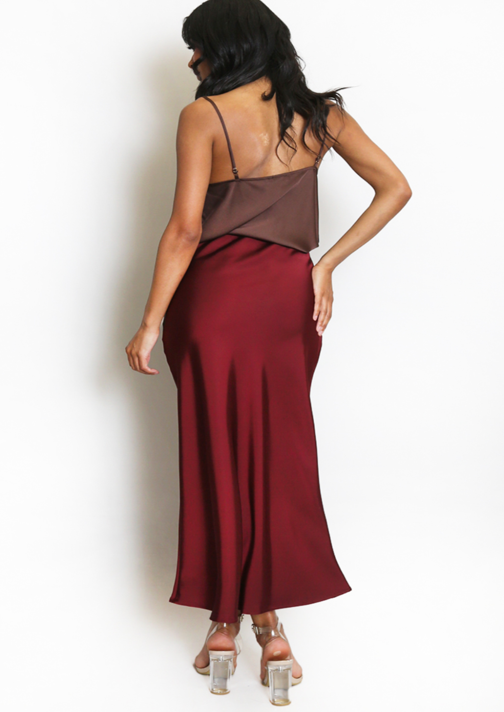 Burgundy Satin Bias Cut Maxi Skirt