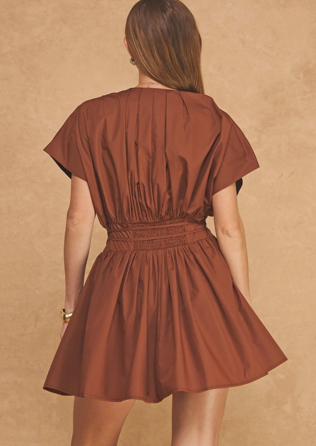 Pleated V Neck Tie Waist Mini Dress
