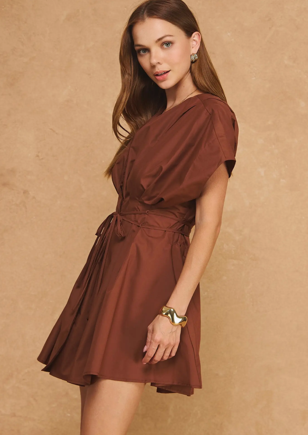 Pleated V Neck Tie Waist Mini Dress