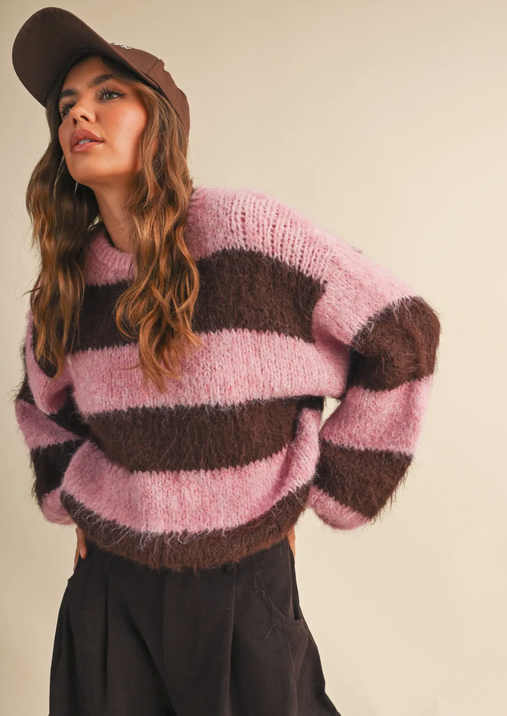 Puff Sleeve Striped Fuzzy Jumper