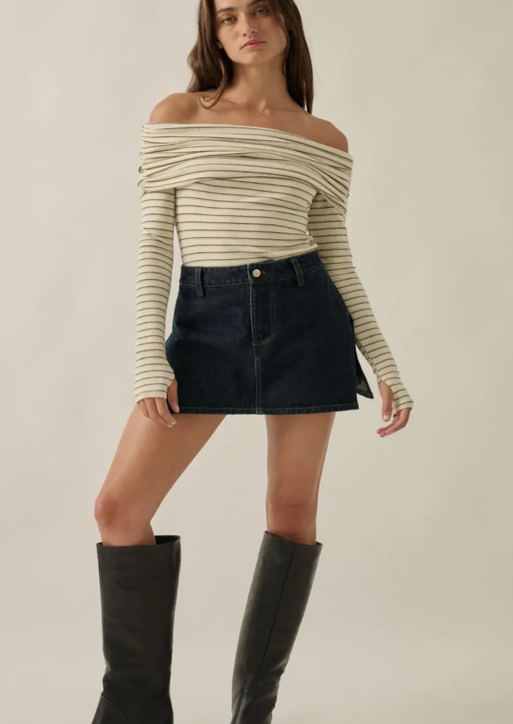 Striped Knit Fold Over Off The Shoulder Bodysuit