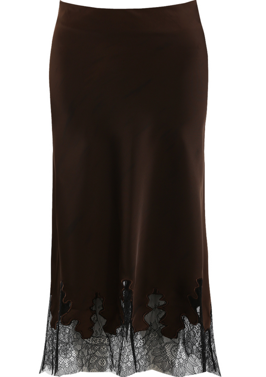 Brown Lace Hem Satin Skirt