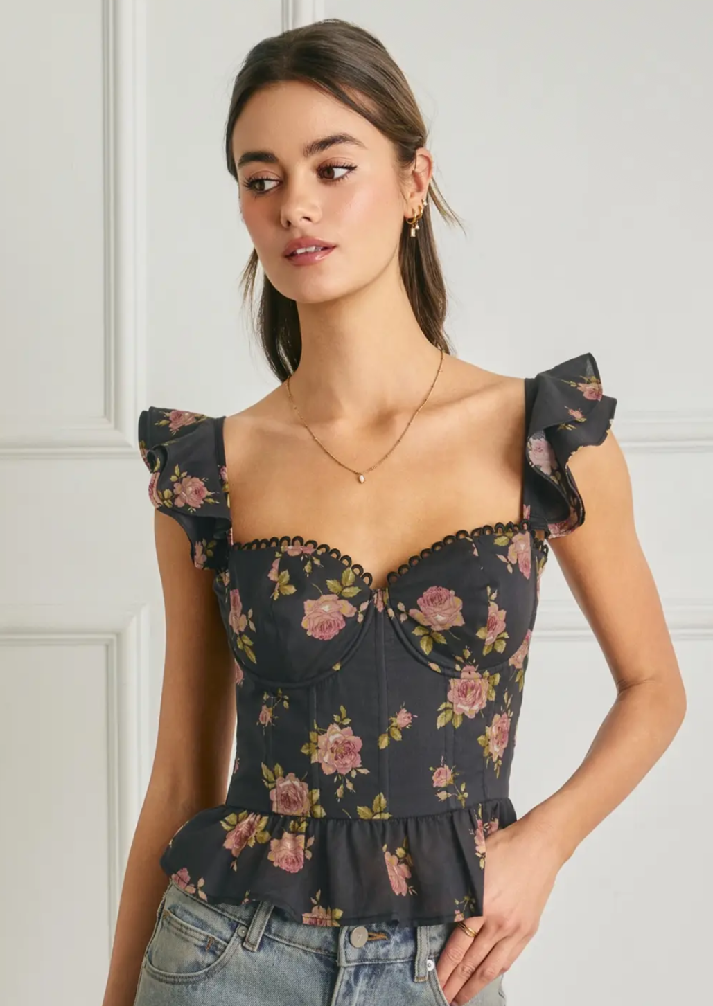 Floral Lace Corset Flutter Top