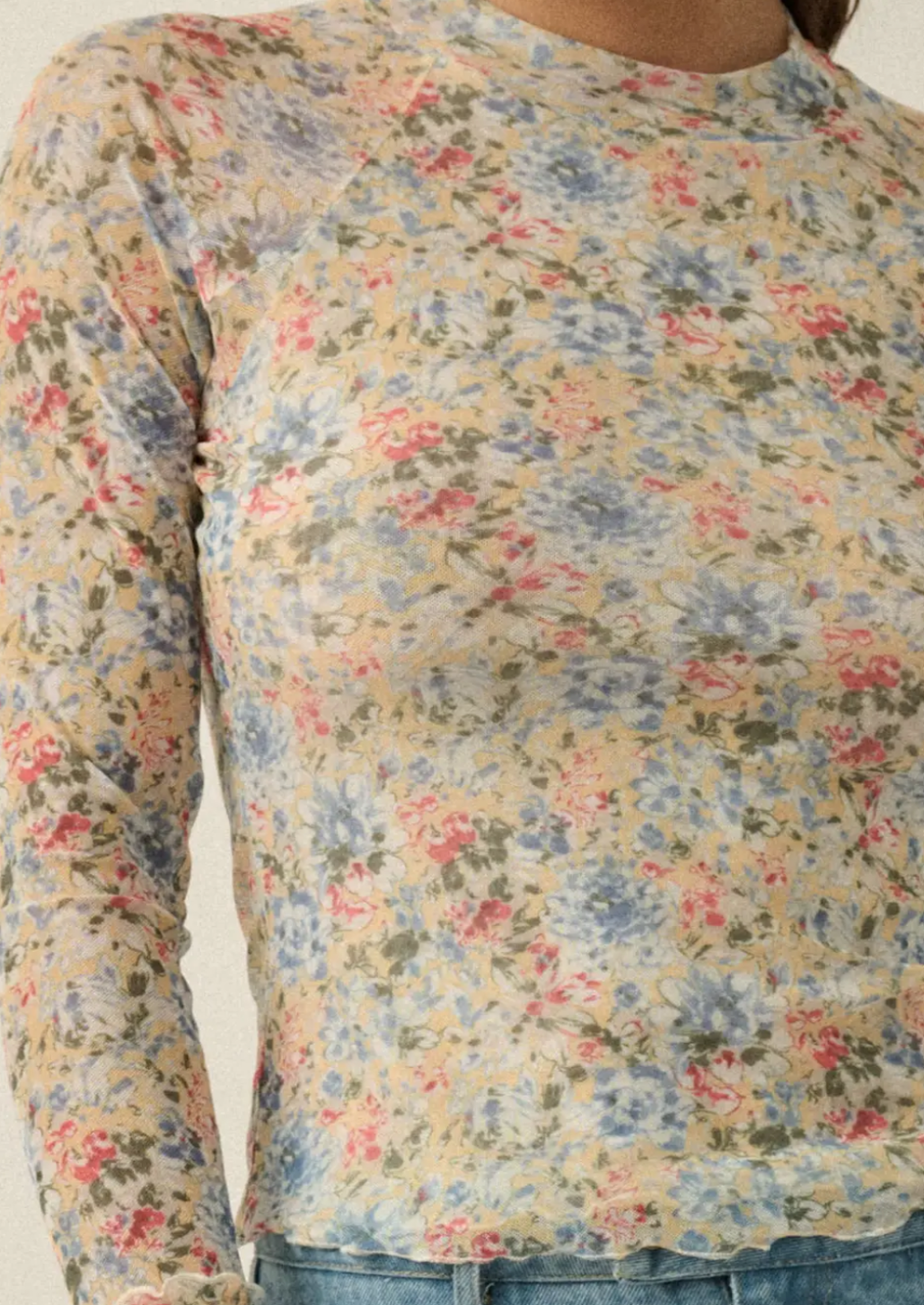 Floral Print Mesh Mock Neck Top