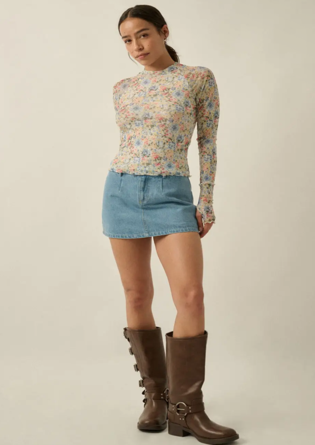 Floral Print Mesh Mock Neck Top