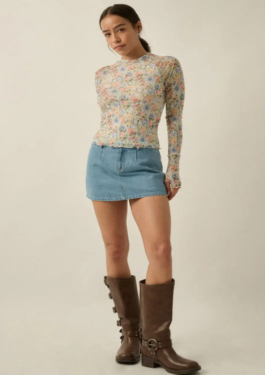 Floral Print Mesh Mock Neck Top