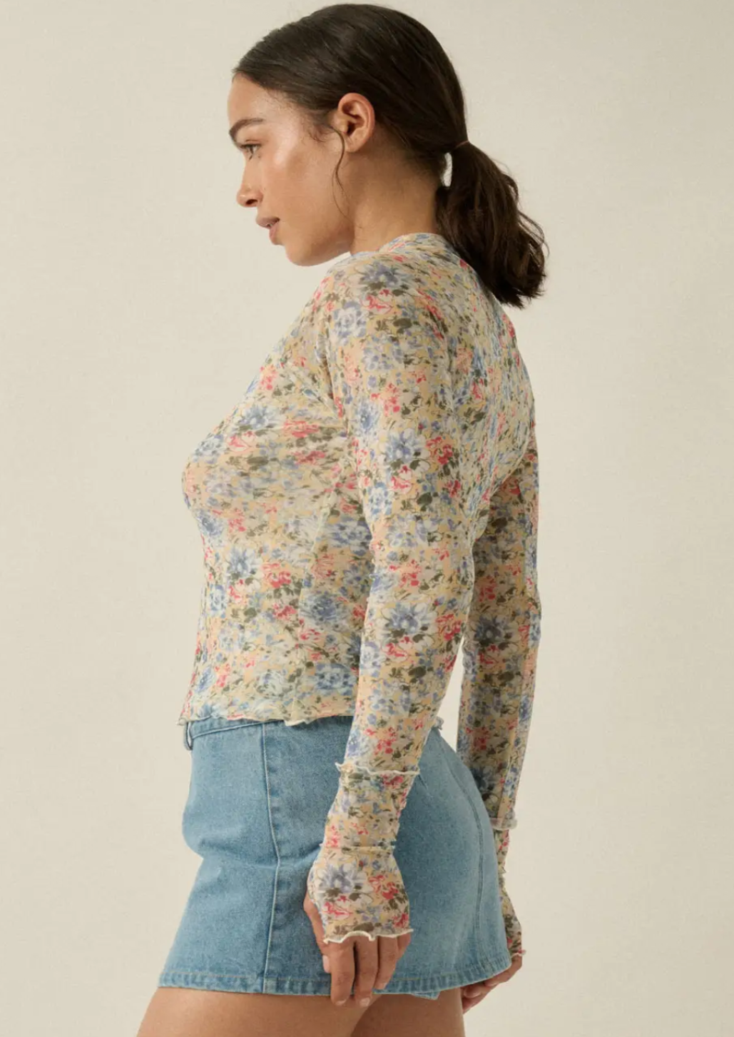 Floral Print Mesh Mock Neck Top