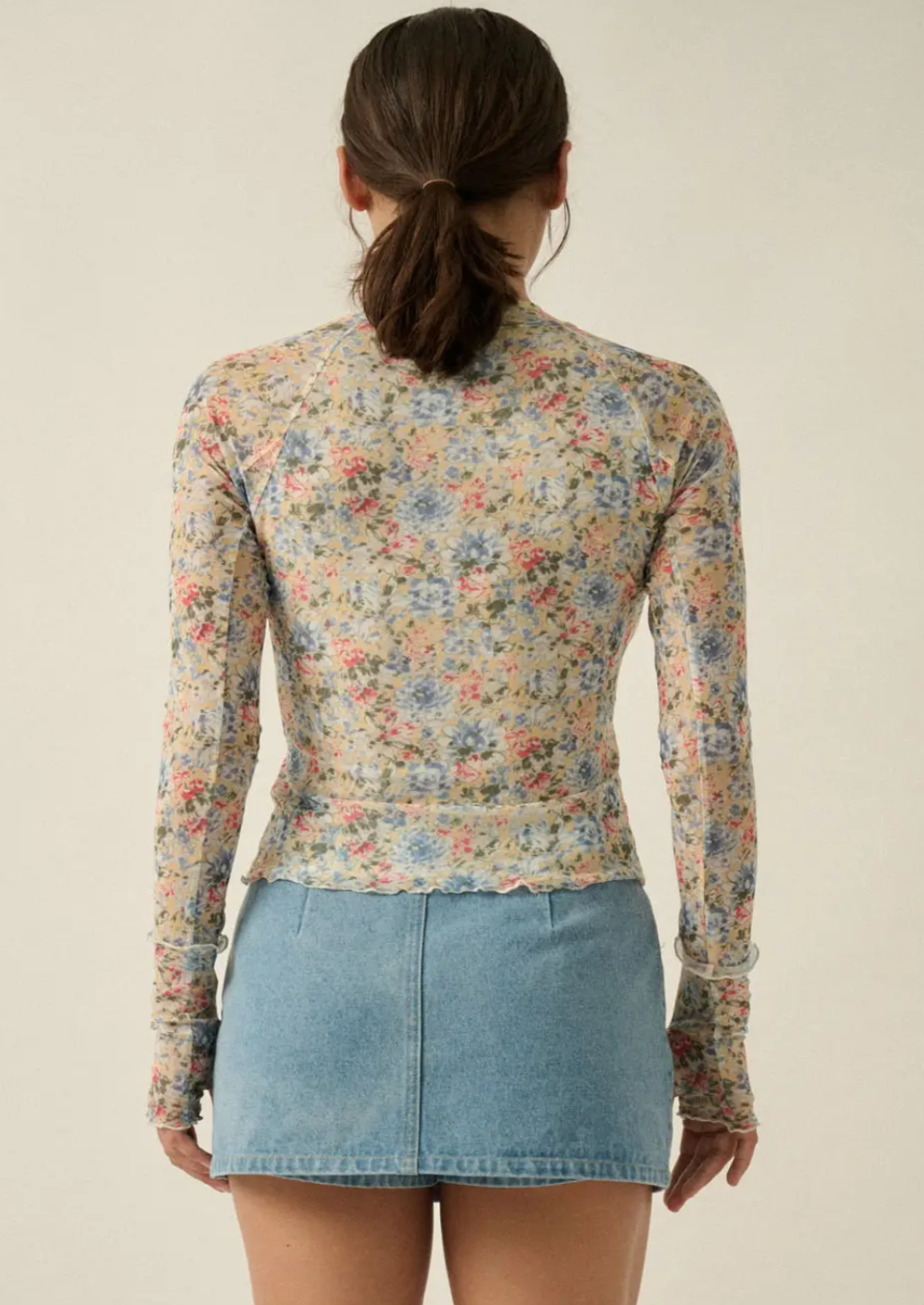 Floral Print Mesh Mock Neck Top