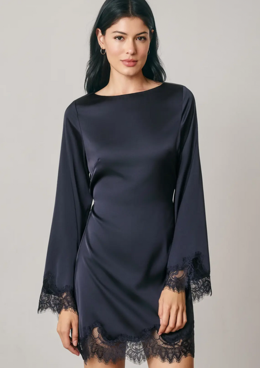 Satin Lace Long Sleeve Mini Dress
