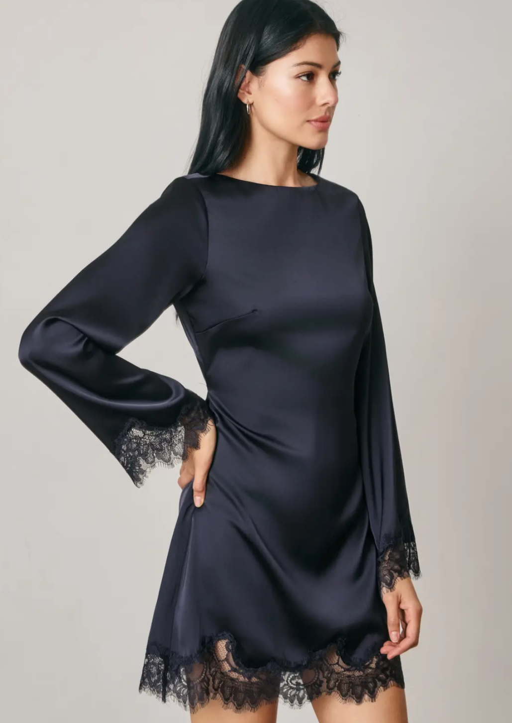 Satin Lace Long Sleeve Mini Dress