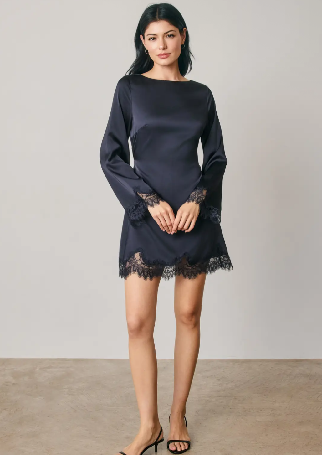 Satin Lace Long Sleeve Mini Dress