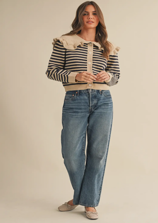 Striped Cardigan With Ruffle Collar