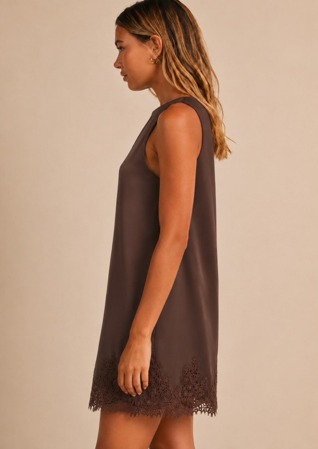 Sleeveless Satin Lace Trim Mini Dress