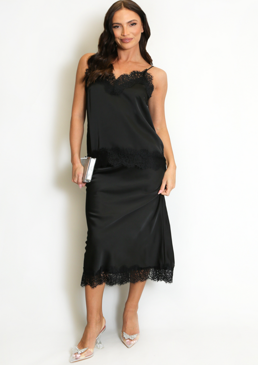 Black Lace Hem Satin Skirt