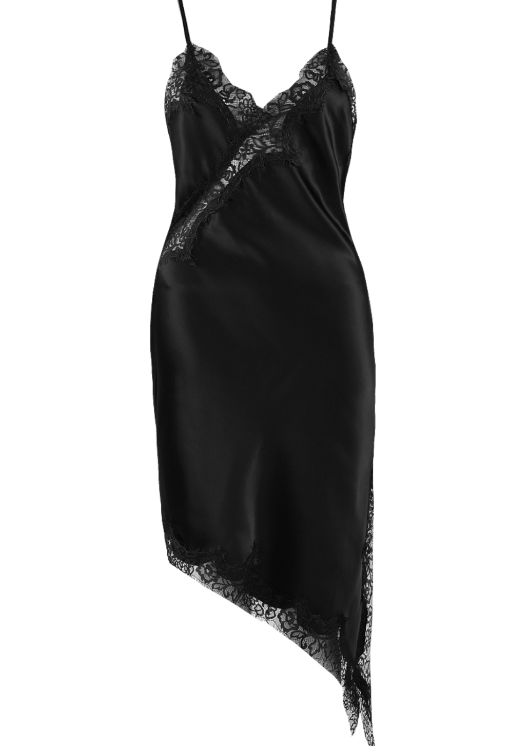 Black Satin Lace Asymmetric Hem Dress