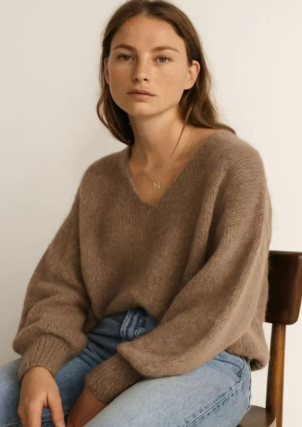 V-Neck Taupe Kid Mohair Jumper