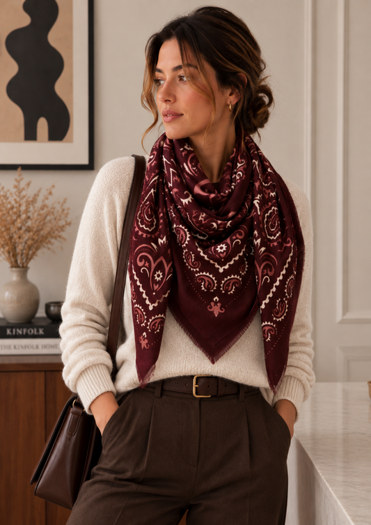Burgundy Large Woollen Square Bandana Scarf