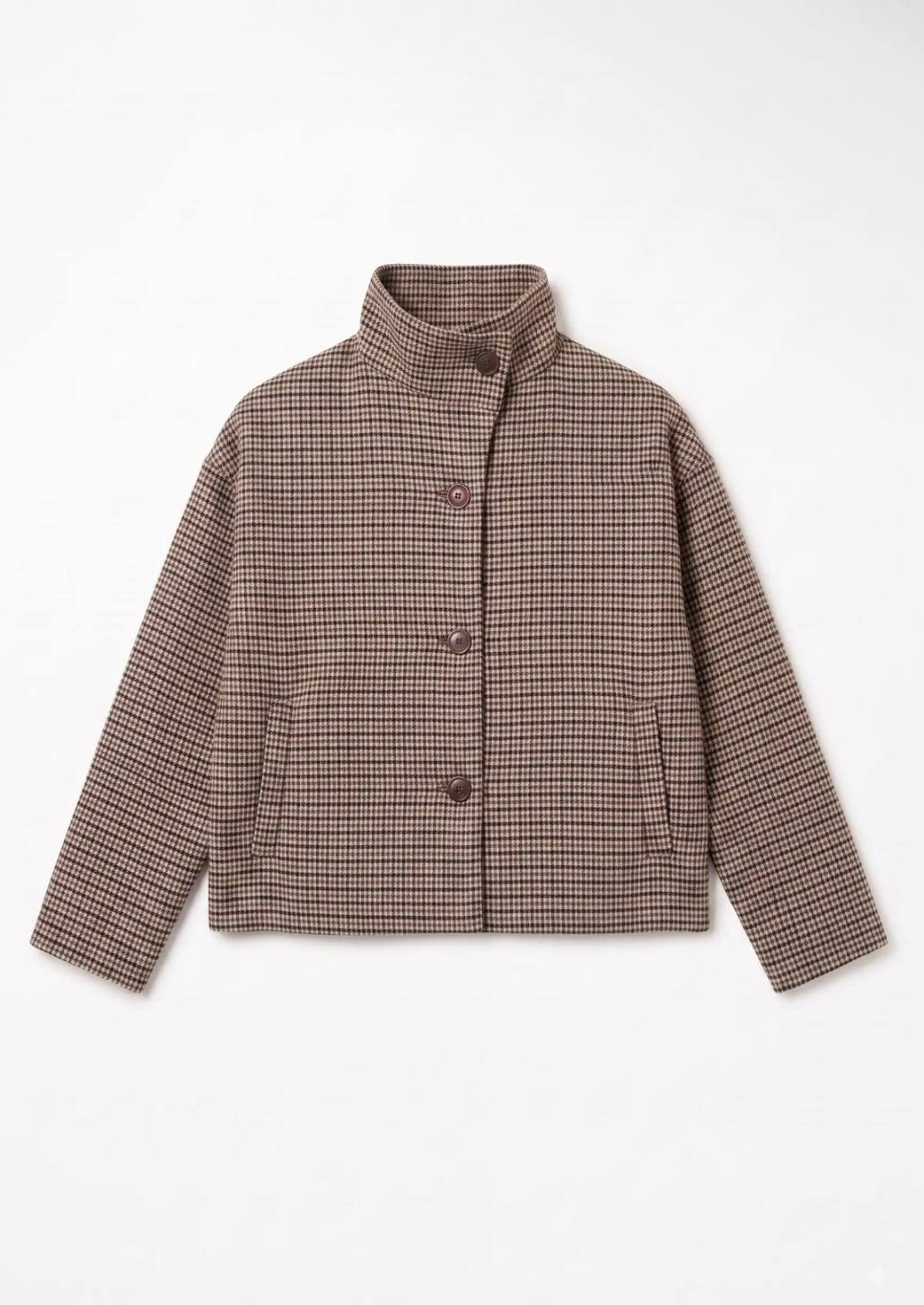 Checked Asymmetrical Stand Up Collar Jacket