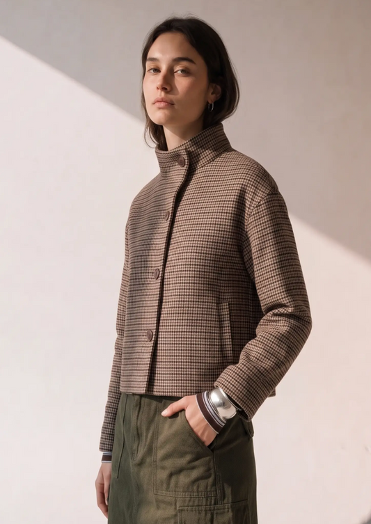 Checked Asymmetrical Stand Up Collar Jacket