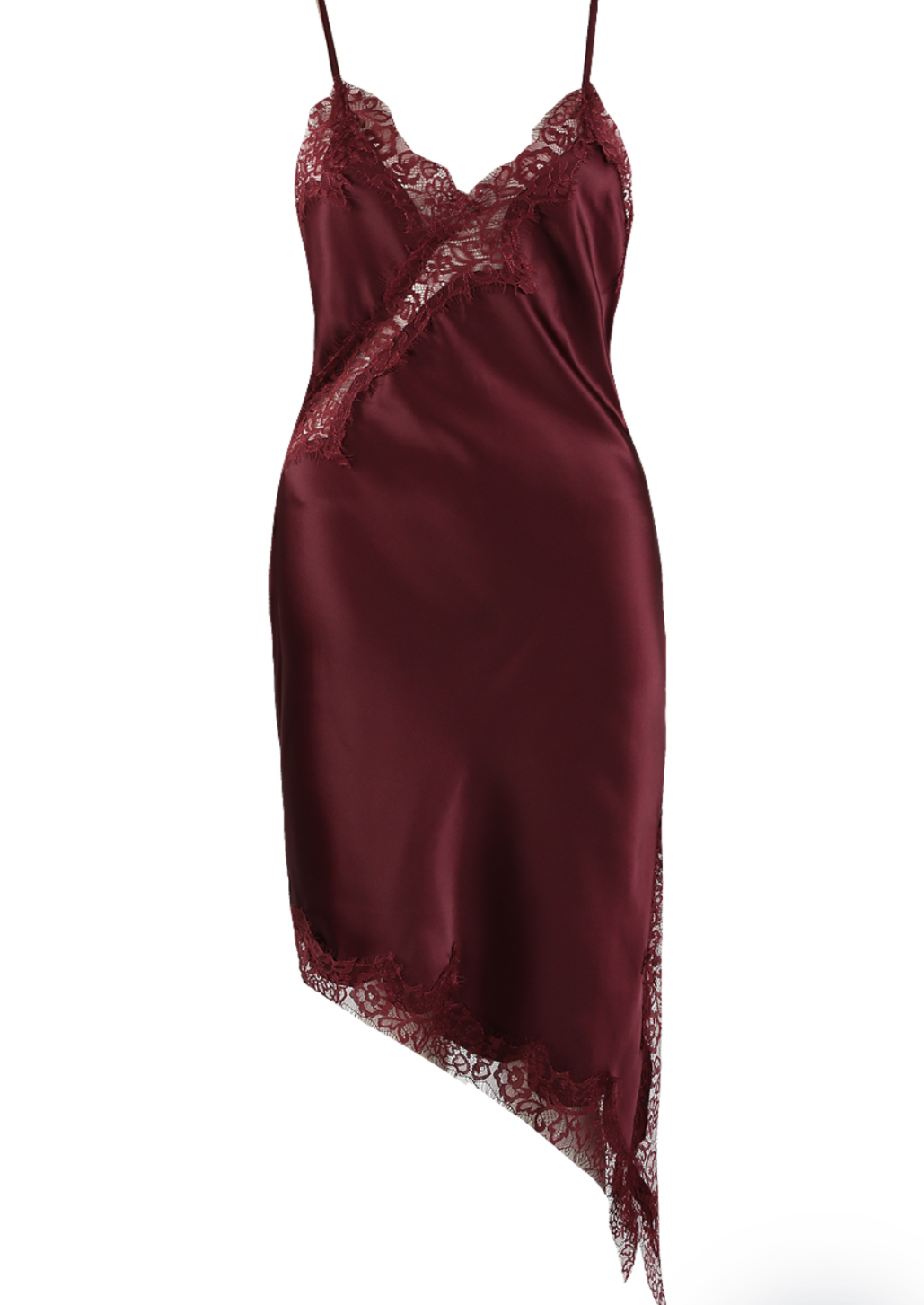 Burgundy Satin Lace Asymmetric Hem Dress
