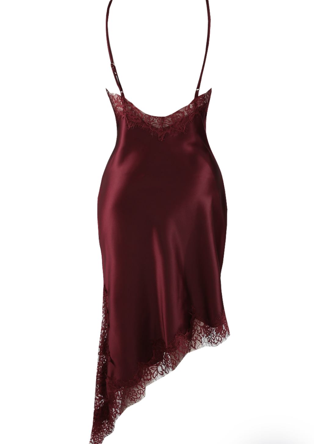 Burgundy Satin Lace Asymmetric Hem Dress
