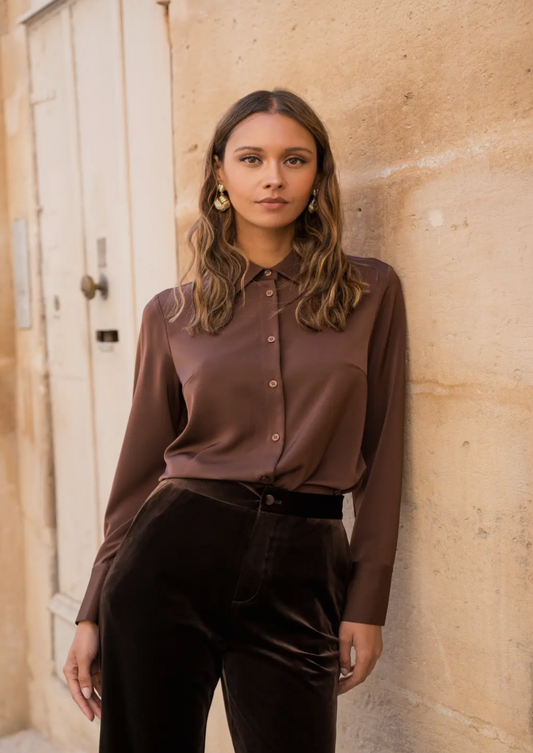 Satin Brown Classic Notched Collar Blouse
