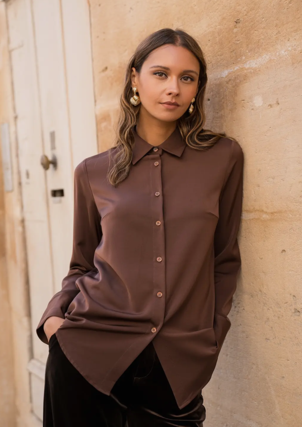 Satin Brown Classic Notched Collar Blouse