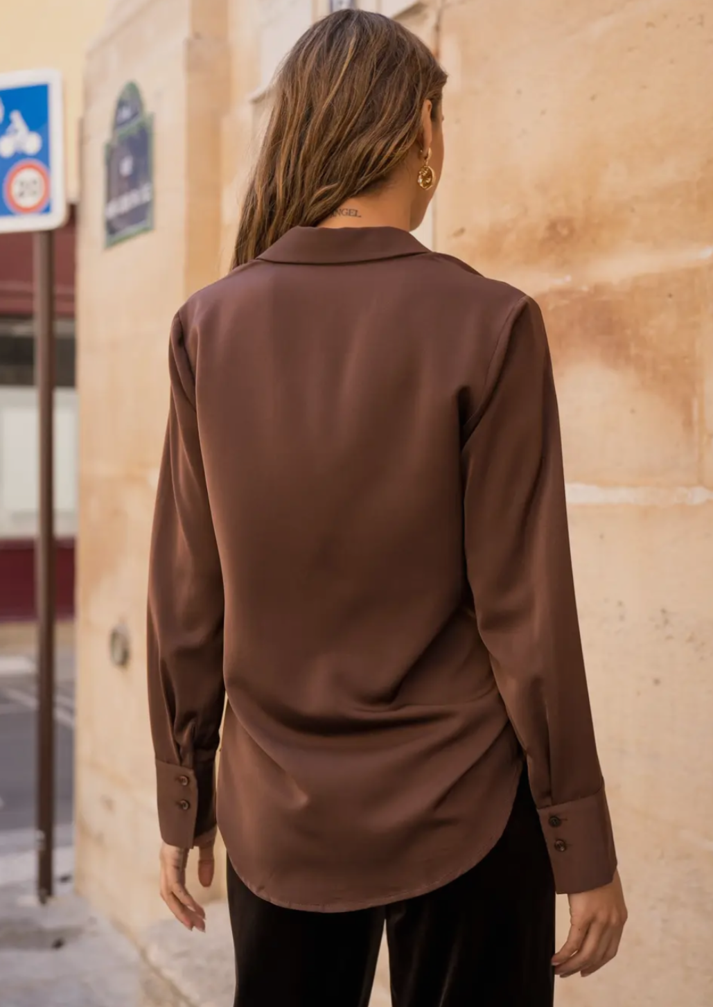 Satin Brown Classic Notched Collar Blouse