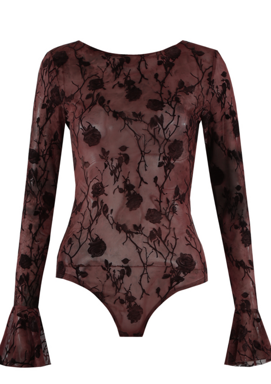 Velvet Burgundy Floral Mesh Bodysuit