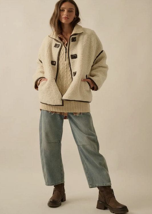 Sherpa Fleece Faux Leather Trim Jacket