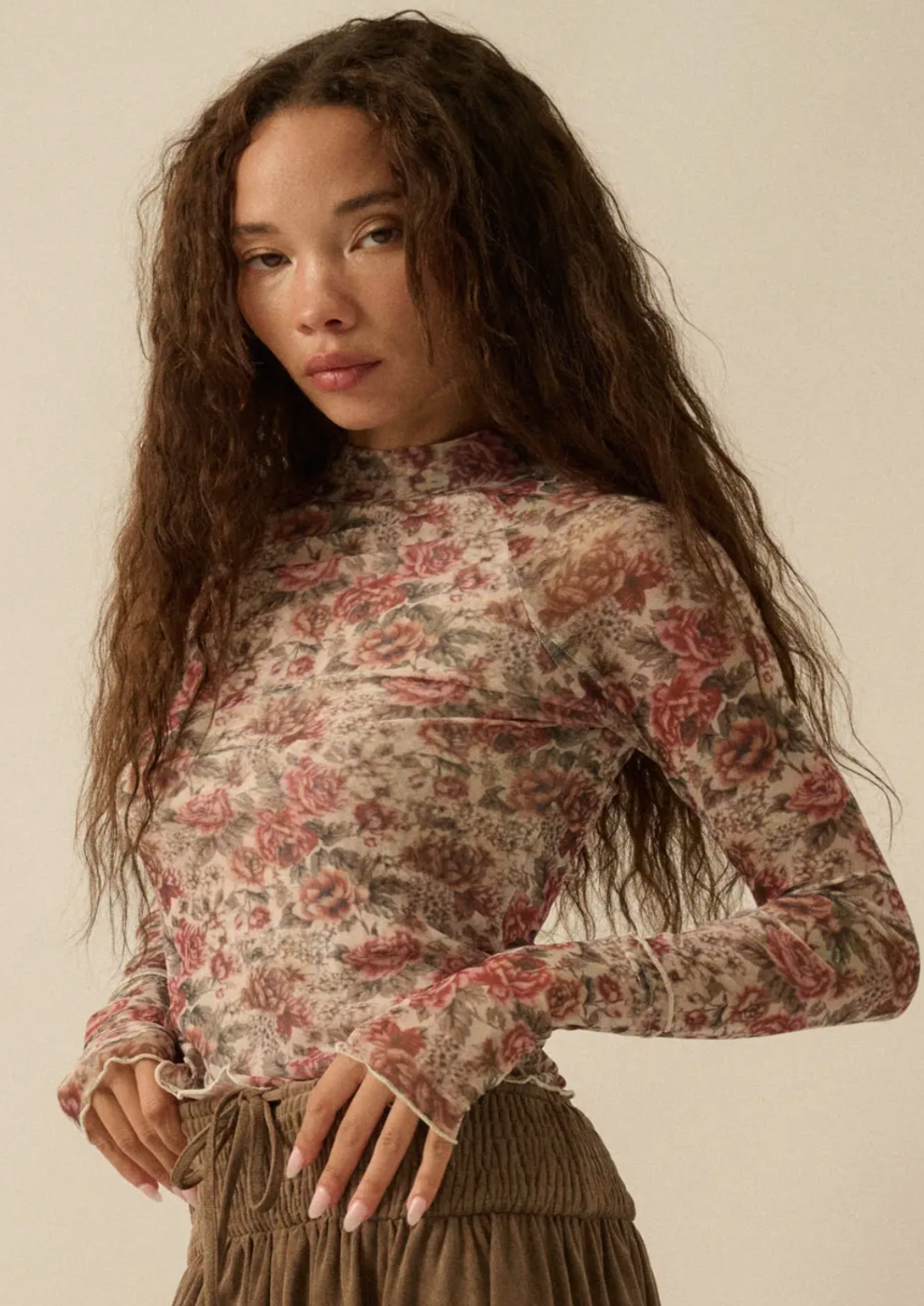 Floral Print Mesh Mock Neck Top