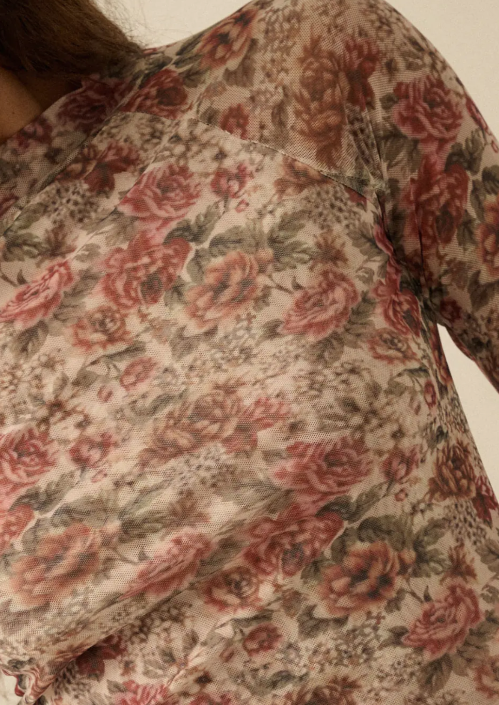 Floral Print Mesh Mock Neck Top