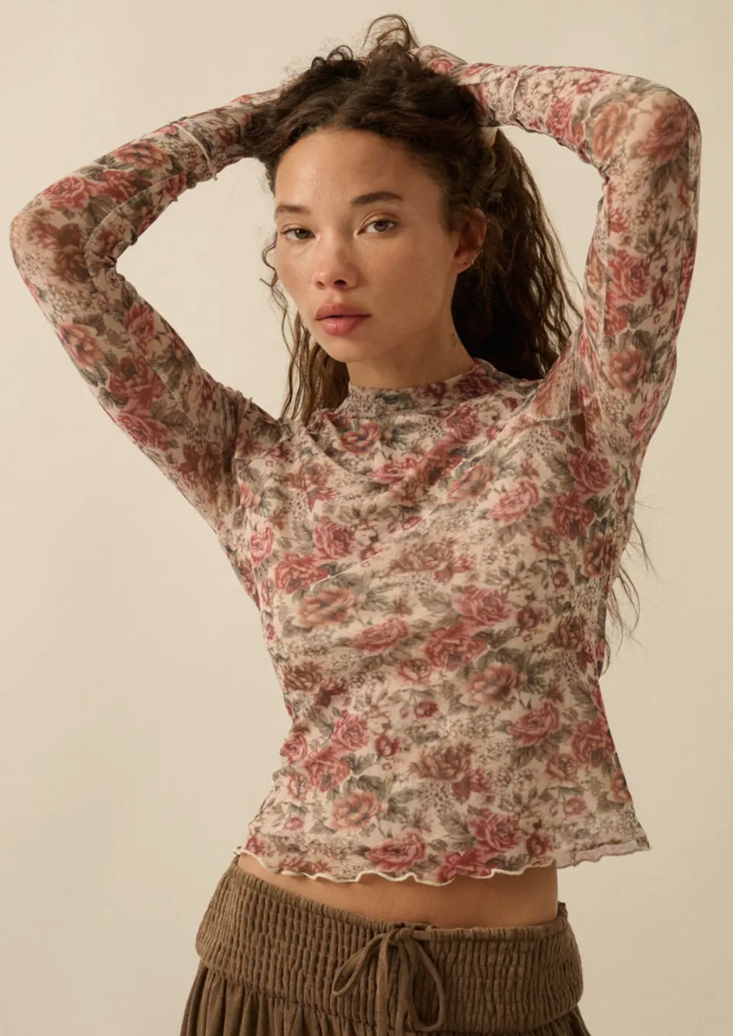 Floral Print Mesh Mock Neck Top