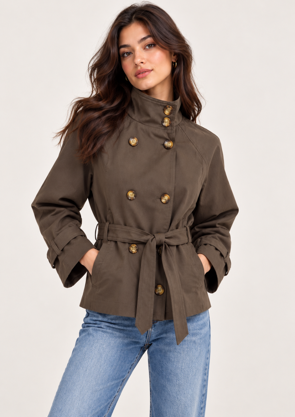 Choco High Collar Belted Trench Coat