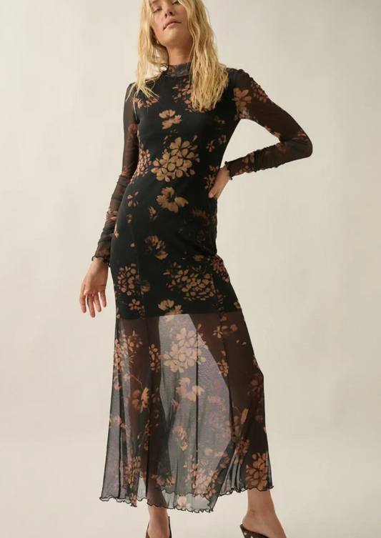 Floral Mesh Mock Neck Maxi Dress