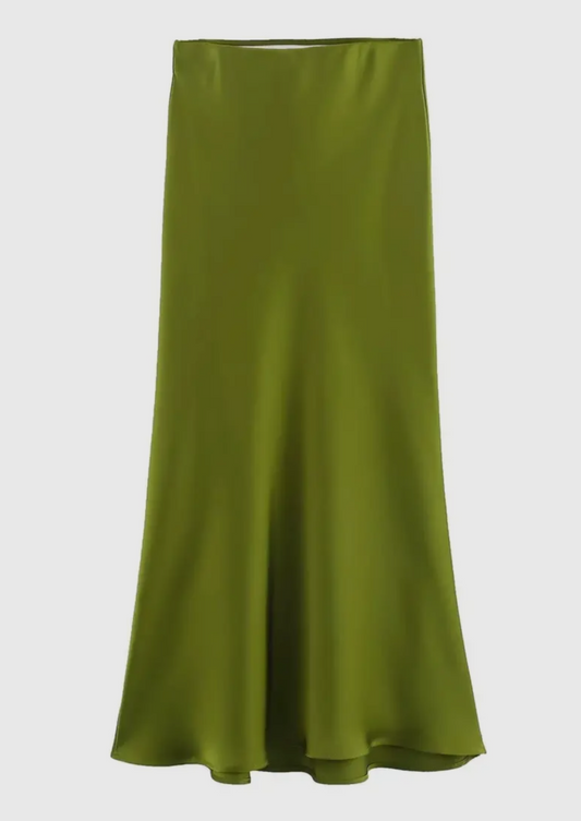 Lime Green Satin Midi Skirt
