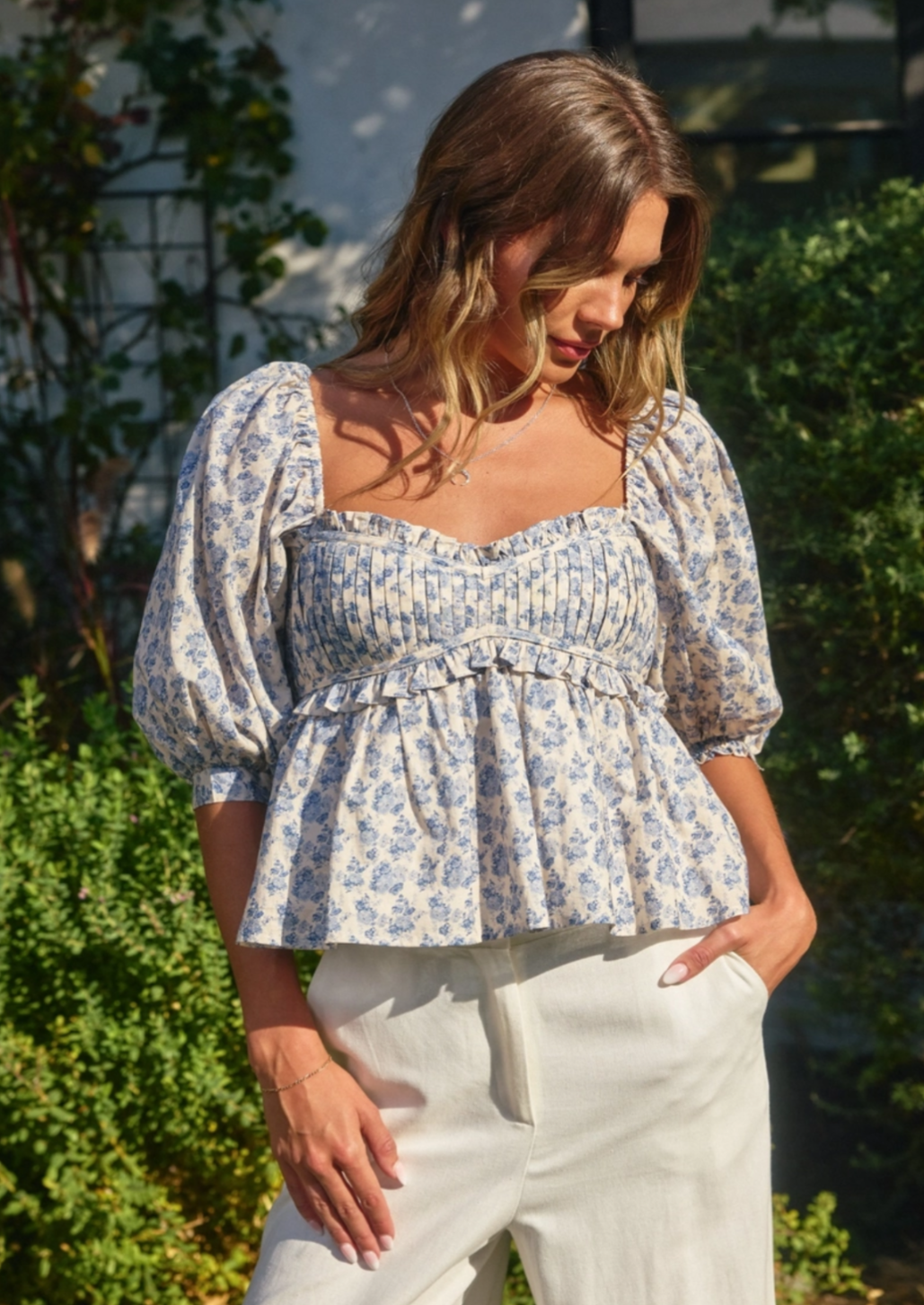 French Floral Babydoll Puff Sleeve Blouse