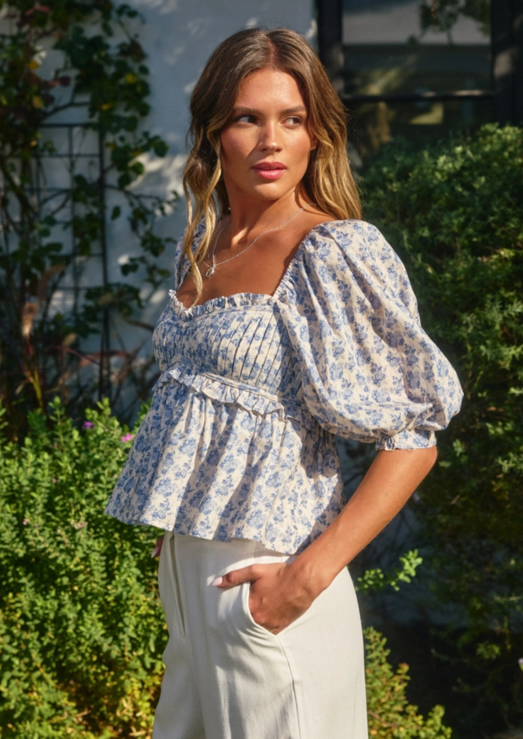 French Floral Babydoll Puff Sleeve Blouse