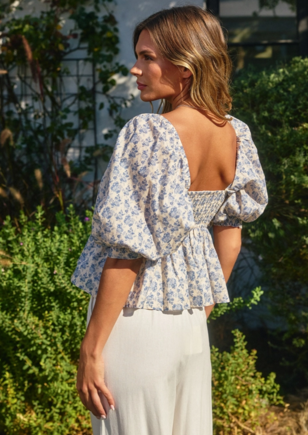 French Floral Babydoll Puff Sleeve Blouse