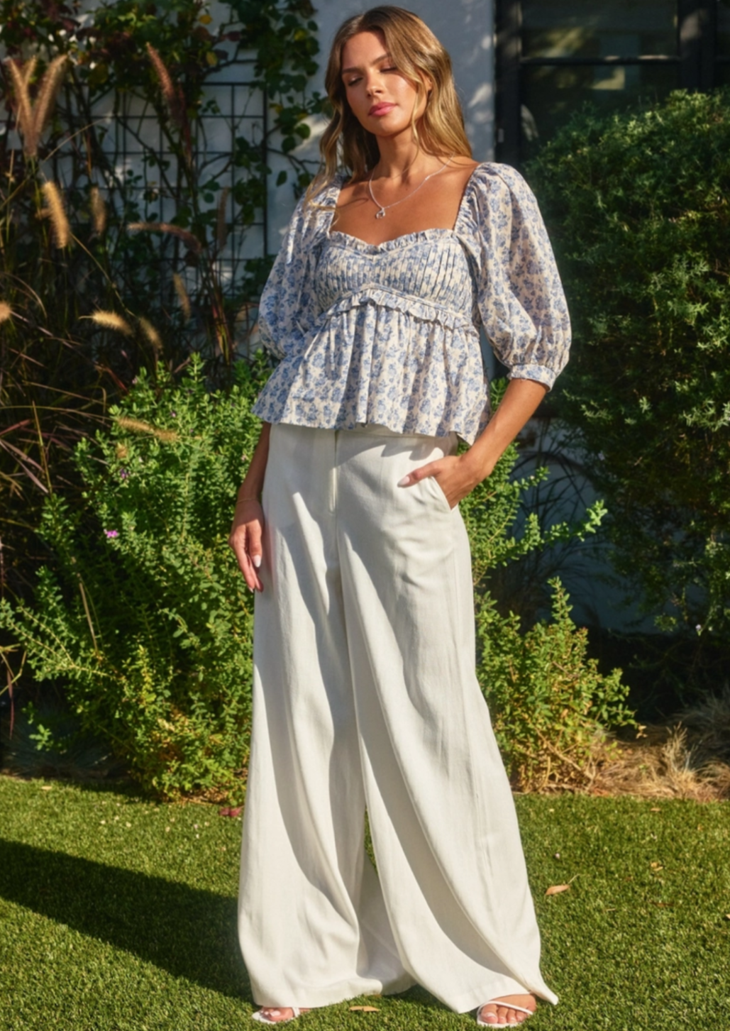 French Floral Babydoll Puff Sleeve Blouse