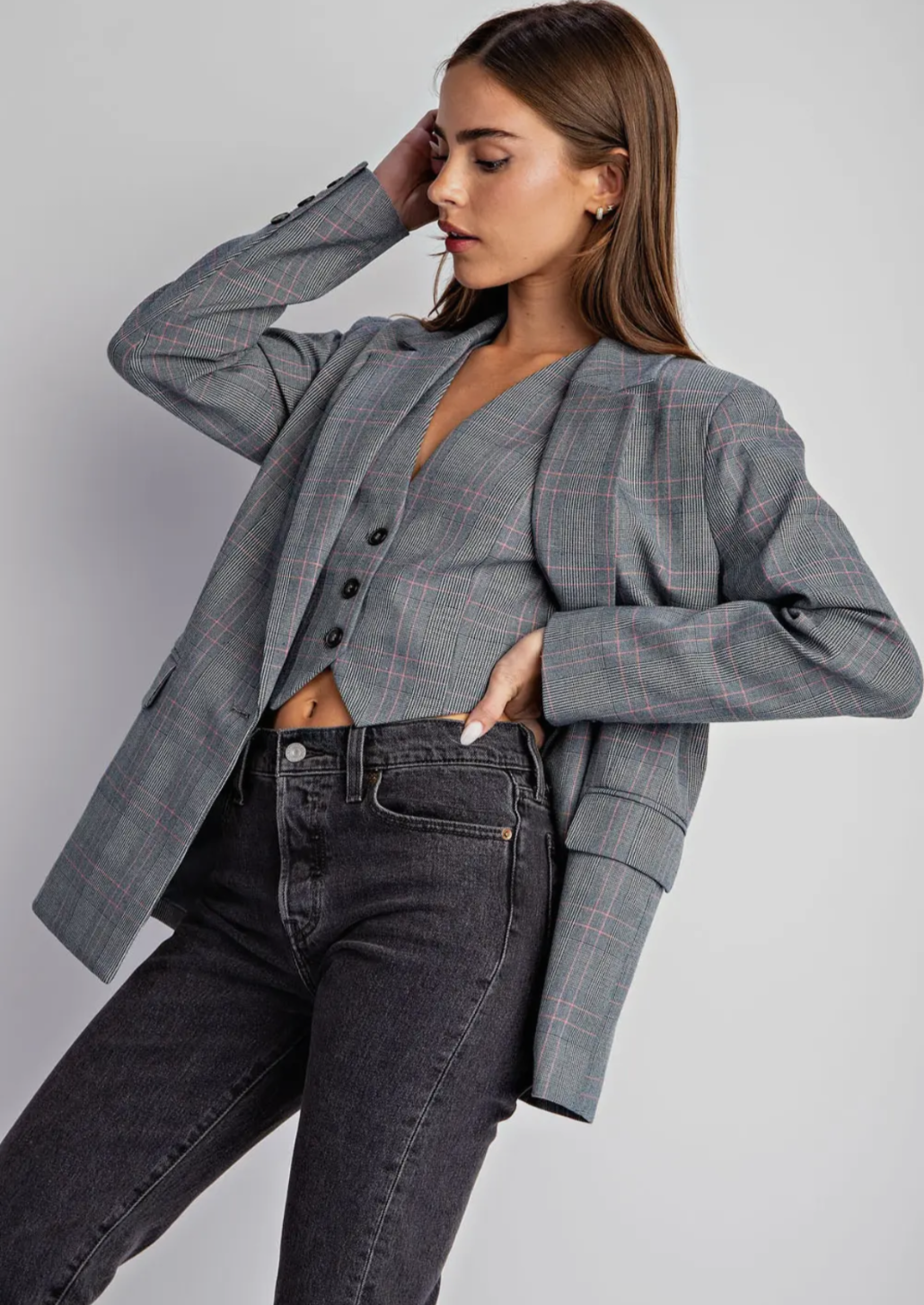 Lurex Plaid Single Button Jacket