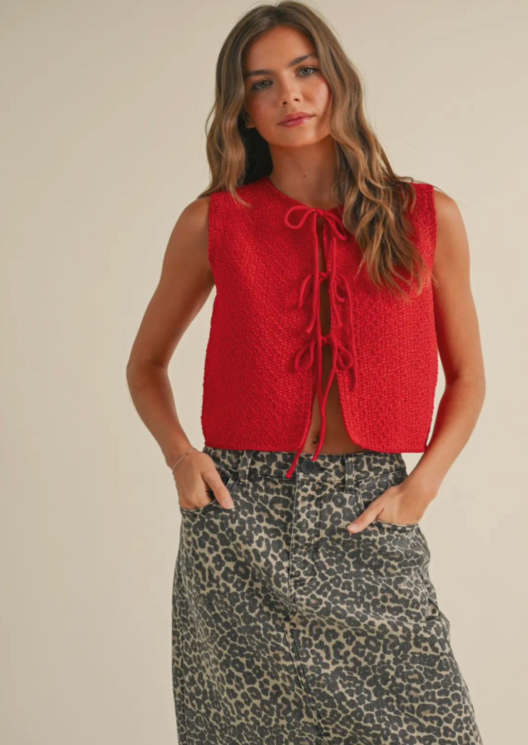 Red Knitted Tie Front Vest