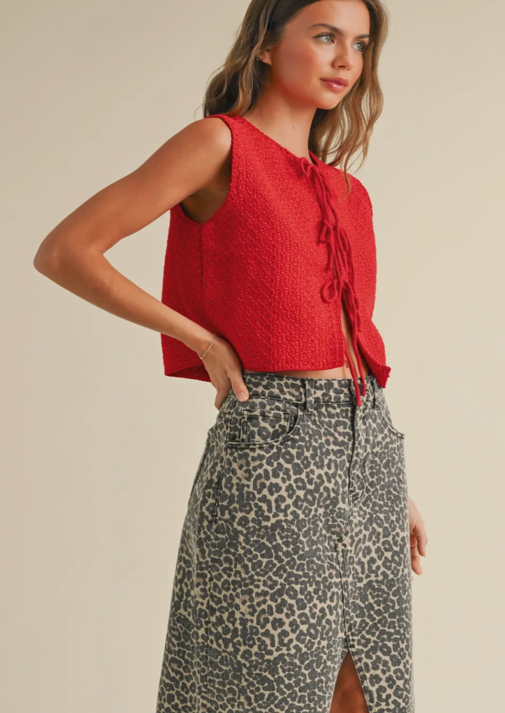 Red Knitted Tie Front Vest