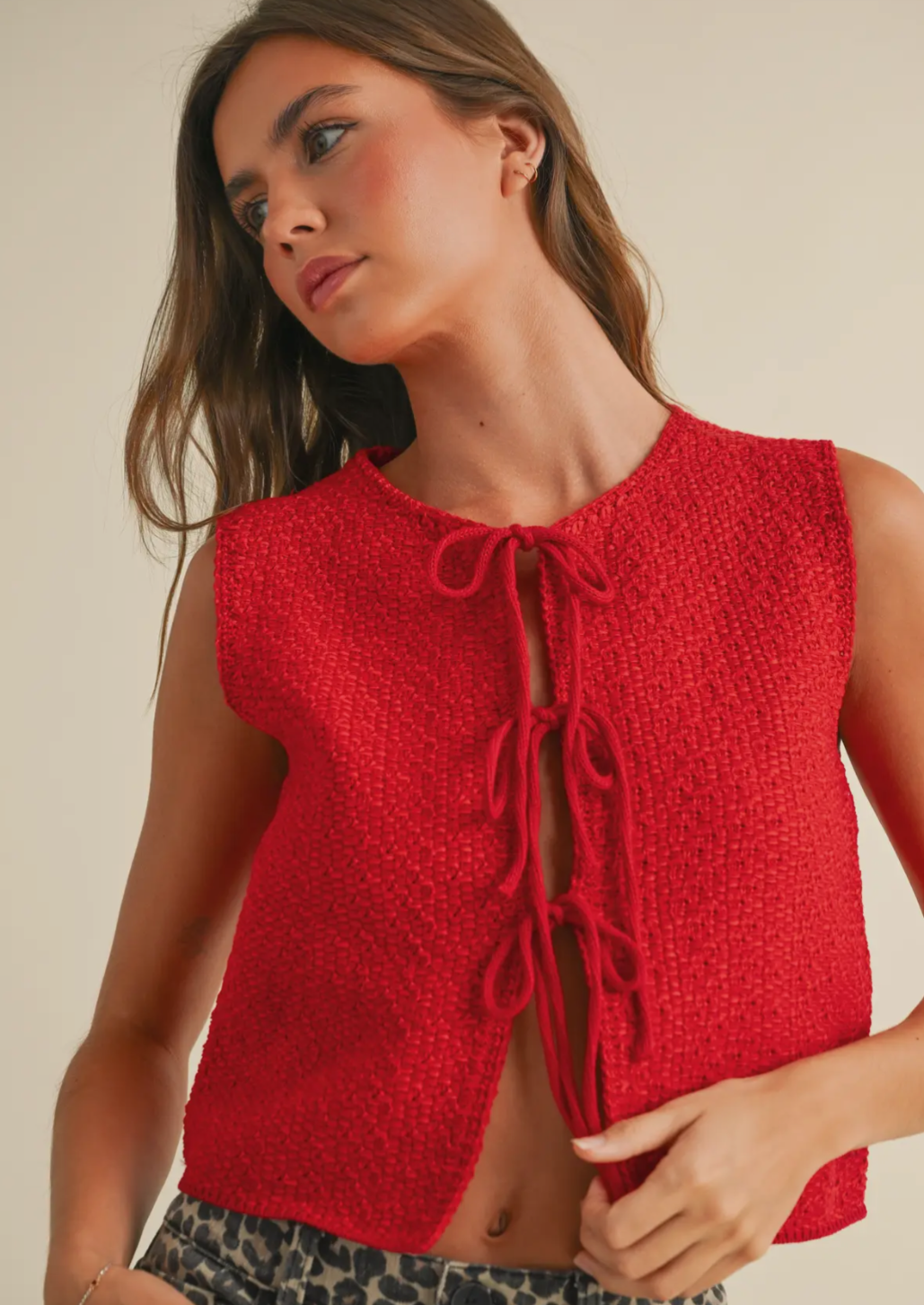 Red Knitted Tie Front Vest