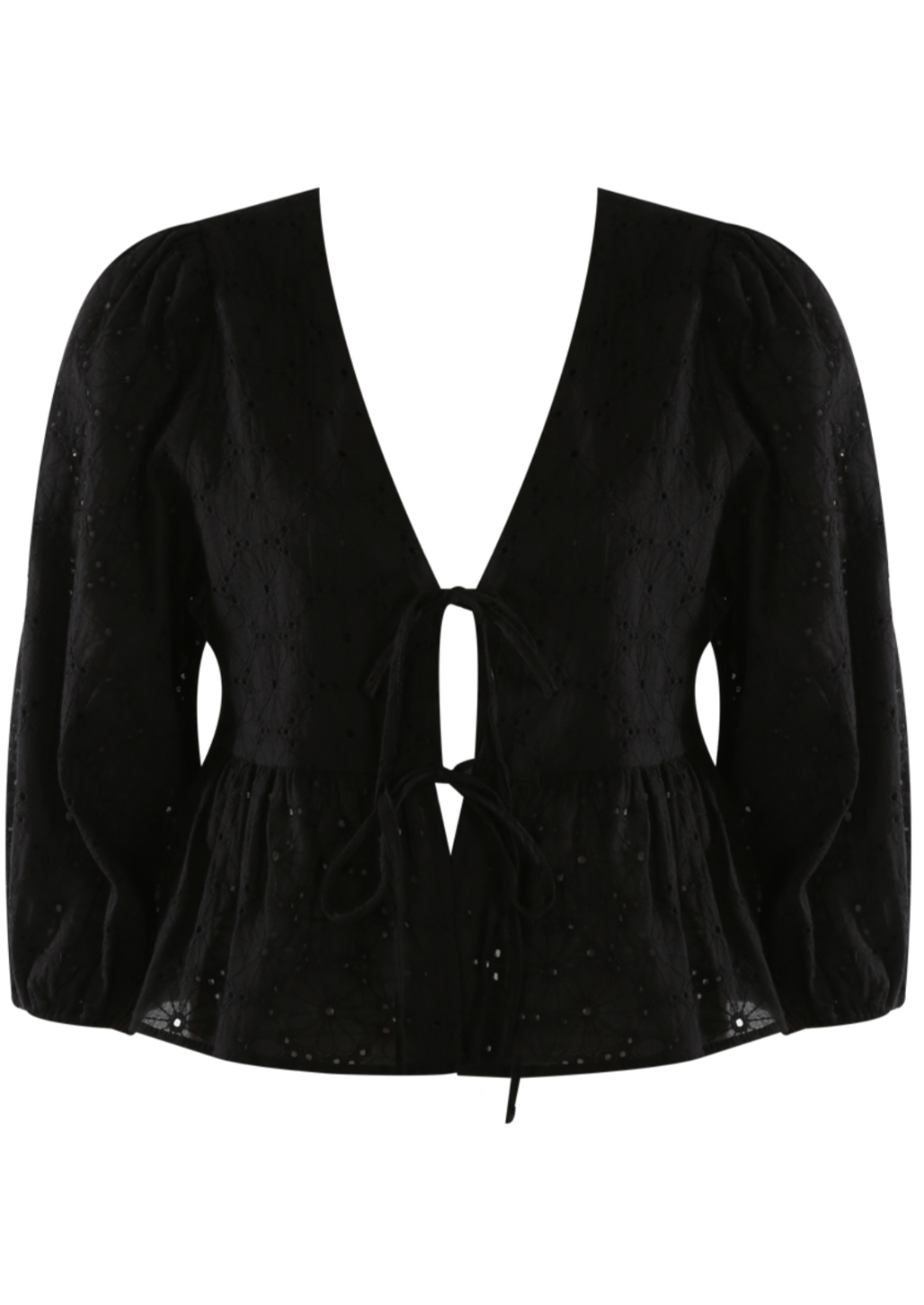 Tie Front Black Broidery Anglaise Blouse