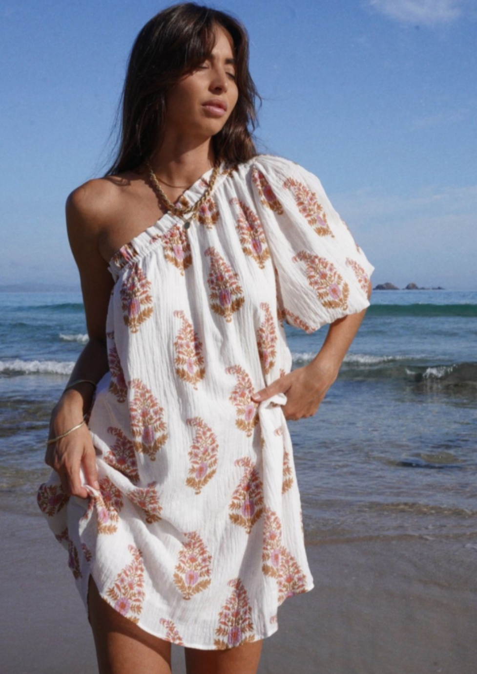 Paisley Print One Shoulder Smock Dress