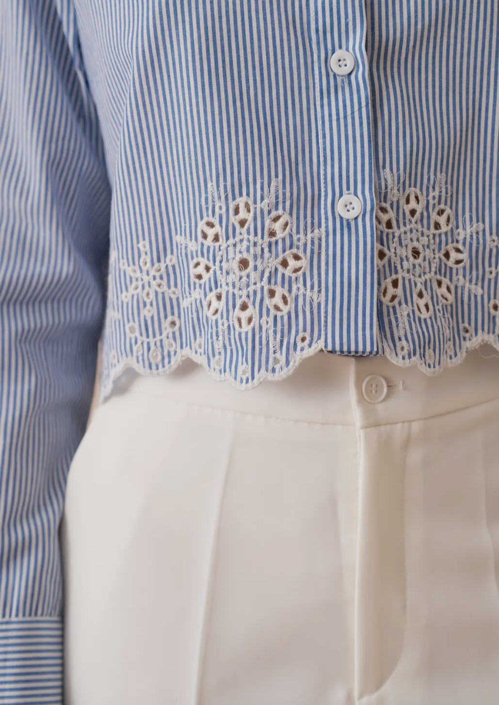 Striped Cropped Cotton Shirt With Lace